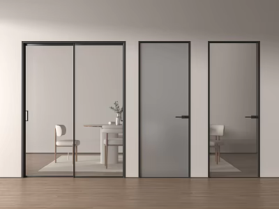 Modern Interior With Transparent And Frosted Glass Sliding Doors Wooden Floor Dining View 3d model