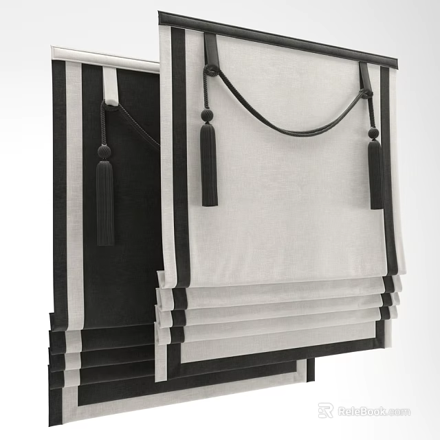 Elegant Modern Linen Roman Shades With Black Tassels And White Panels 3d model 