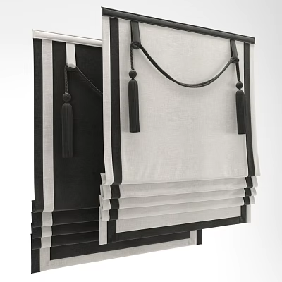 Elegant Modern Linen Roman Shades With Black Tassels And White Panels 3d model