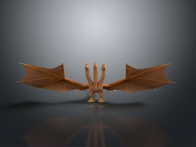 3D Three Headed Winged Mythical Creature Character With Brown Color Gray Background And Reflection 3d model