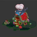 Cartoon Style Whale Shaped Hut With Red Roof Tiles Meat Skewers And Figures