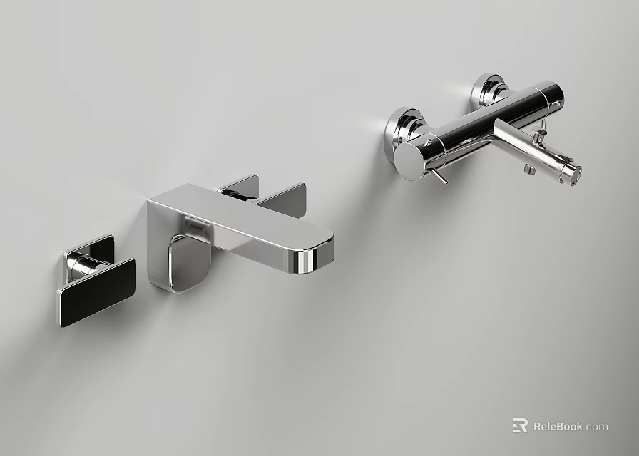 Sleek Modern Chrome Wall Mounted Faucets In Bathroom With Clean White Wall Design 3d model 