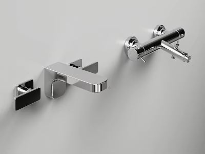 Sleek Modern Chrome Wall Mounted Faucets In Bathroom With Clean White Wall Design 3d model