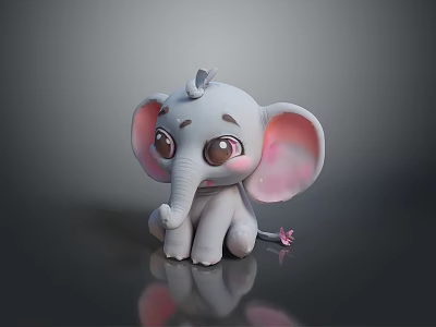 Adorable Gray Elephant Toy With Big Pink Ears Large Eyes And Cute Tail Decoration 3d model