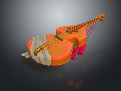 Traditional Orange Stringed Musical Instrument With Golden Accents White Fabric And Red Tassels 3d model