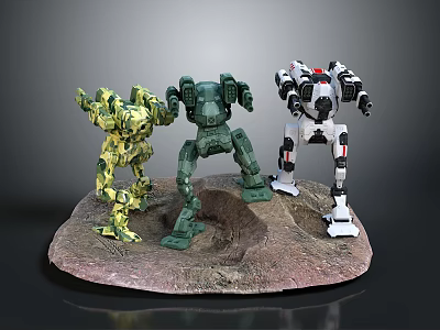 Game Movie Mech Characters With Different Colors Standing On Rock Base 3d model