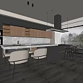 Elegant Modern Restaurant Interior With Marble Island Cabinets And Pendant Lights