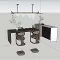 Minimalist Tea Room Interior With Marble Walls Wooden Table Green Plants And Hanging Pendant Light