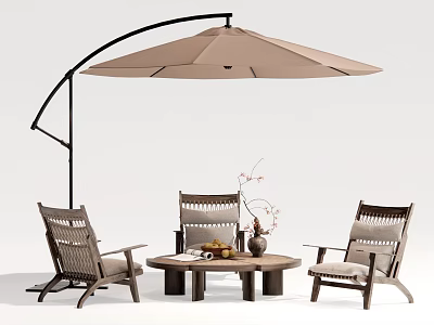 Wooden Outdoor Table with Three Woven Chairs Large Beige Umbrella in Outdoor Setting 3d model
