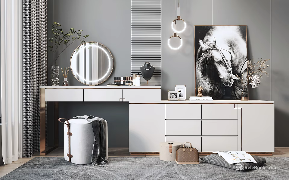 Modern Dressing Table with Round Lighted Mirror White Countertop Drawers Wall Art and Pendant Light 3d model 