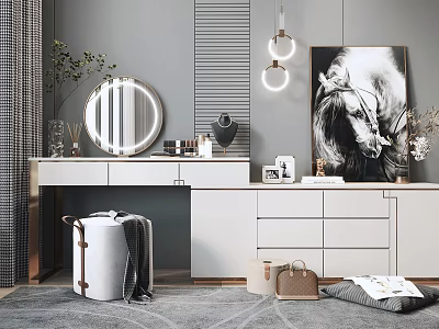 Modern Dressing Table with Round Lighted Mirror White Countertop Drawers Wall Art and Pendant Light 3d model