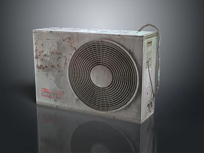 Vintage Rusty Air Conditioner Fan Featuring Circular Grille And Metal Body On Reflective Surface 3d model