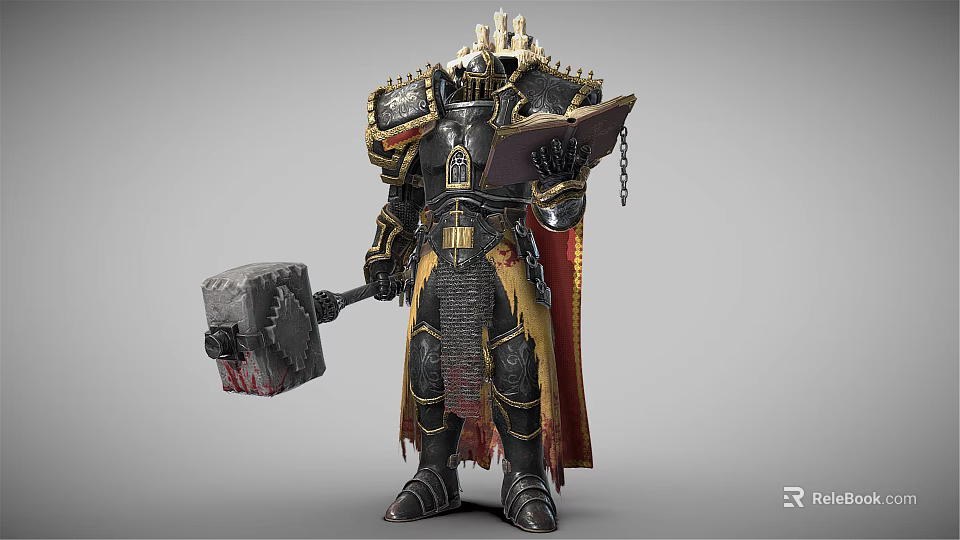Armored Fantasy Warrior Character With Hammer Tome Red Cloak And Gold Accents 3d model 