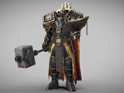 Armored Fantasy Warrior Character With Hammer Tome Red Cloak And Gold Accents 3d model