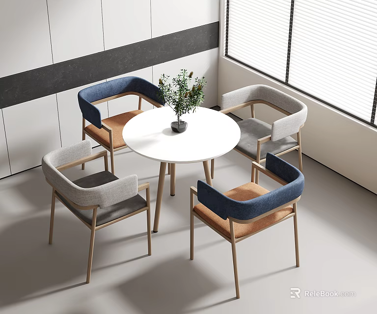 Modern Round Dining Table Set With Blue Gray Brown Upholstered Chairs And Wooden Legs 3d model 