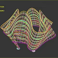 Golden Wireframe Sculpture With Curved Geometric Design And Metal Mesh Structure