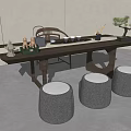 Modern Tea Table And Chairs With Three Gray Round Stools Tea Sets And Potted Plant