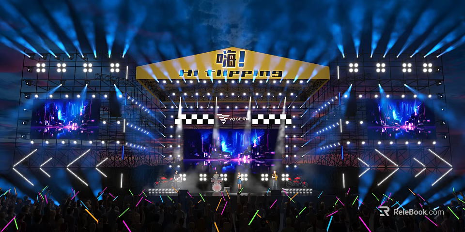Vibrant Live Music Festival Stage With Bright Lights And Audience Light Sticks 3d model 