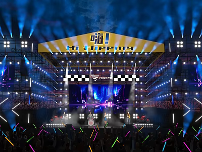Vibrant Live Music Festival Stage With Bright Lights And Audience Light Sticks 3d model