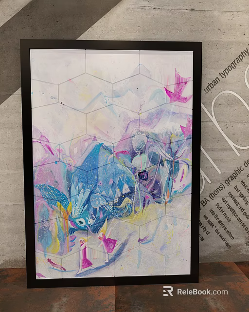 Abstract Painting With Geometric Hexagon Grid Soft Purple Blue Tones And Abstract Shapes 3d model 