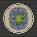 3D Rendering Of Modern Football Stadium With Green Field And Blue Seats
