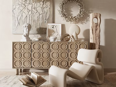 Elegant Geometric Patterned Console Cabinet With Sculpture Artwork Vase And Chair 3d model