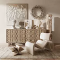 Elegant Geometric Patterned Console Cabinet With Sculpture Artwork Vase And Chair