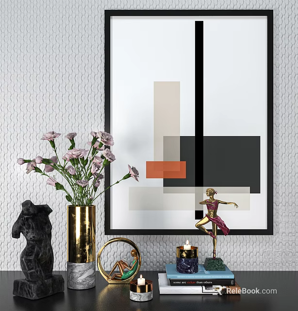 Elegant Decorative Ornament Set Featuring Modern Art Painting Golden Vase Purple Flowers And Sculptures 3d model 