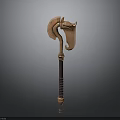 Mythical Ram Head Battle Axe Weapon With Golden Bronze Finish And Carved Wooden Handle