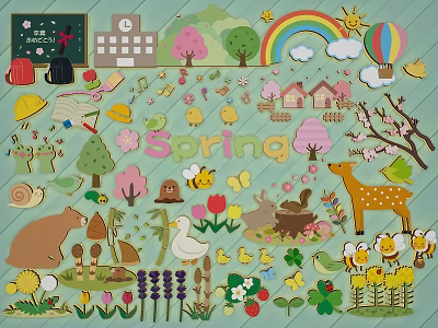 Spring Themed Wall Decorations with Animals Flowers Rainbow and Spring Lettering 3d model