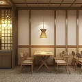 Modern Restaurant Interior Design With Wooden Tables Chairs Pendant Light And Indoor Plant