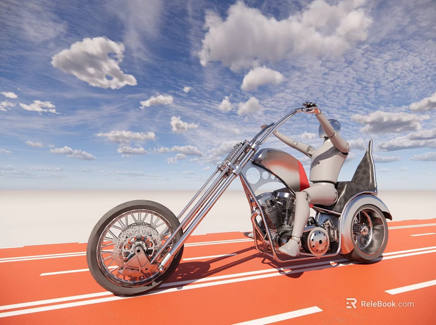 Custom Chopper Motorcycle With Long Forks Helmeted Rider On Orange Track White Lines Blue Sky 3d model 