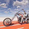 Custom Chopper Motorcycle With Long Forks Helmeted Rider On Orange Track White Lines Blue Sky