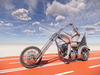 Custom Chopper Motorcycle With Long Forks Helmeted Rider On Orange Track White Lines Blue Sky 3d model