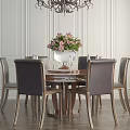 Elegant Dining Table Set With Leather Chairs Pink Flower Vase And White Wall Paneling 3d model
