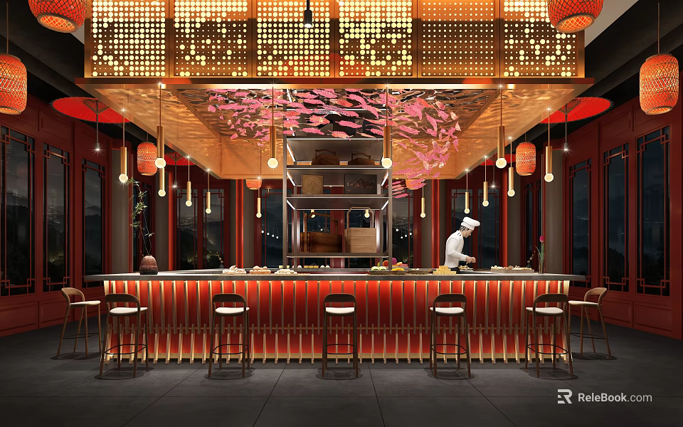 Stylish Restaurant Interior With Chef At Bar Counter Red Lighting Decorative Ceiling And Lanterns 3d model