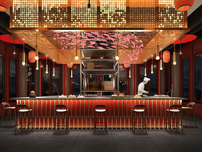 Stylish Restaurant Interior With Chef At Bar Counter Red Lighting Decorative Ceiling And Lanterns 3d model
