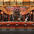 Stylish Restaurant Interior With Chef At Bar Counter Red Lighting Decorative Ceiling And Lanterns 3d model