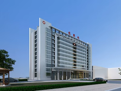 Modern Hospital Building Exterior With Glass Windows Red Medical Logo And Landscaped Area 3d model