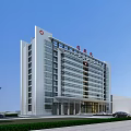 Modern Hospital Building Exterior With Glass Windows Red Medical Logo And Landscaped Area