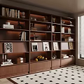 Cozy Home Library Space With Large Wooden Bookshelf Books Picture Frames Decorations And Geometric Rug