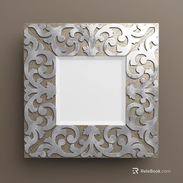 Elegant Square Mirror With Intricate Silver Scrollwork Ornate Frame Design 3d model 