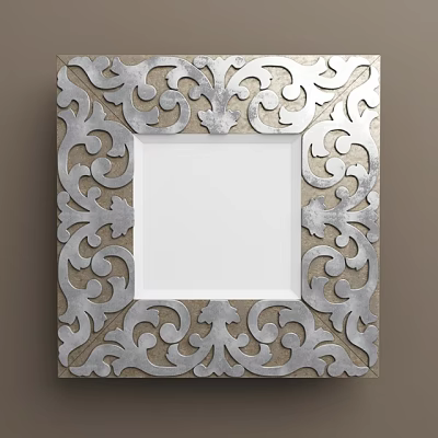 Elegant Square Mirror With Intricate Silver Scrollwork Ornate Frame Design 3d model