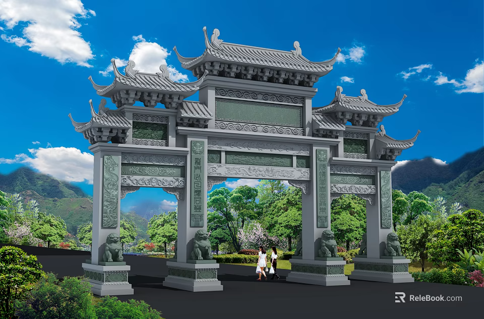 Traditional Chinese Stone Memorial Archway With Intricate Carvings And Natural Landscape 3d model 