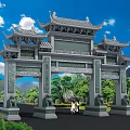 Traditional Chinese Stone Memorial Archway With Intricate Carvings And Natural Landscape