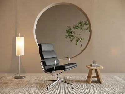 Black Leather Leisure Chair with Floor Lamp Small Wooden Table Circular Wall and Plant Decor 3d model