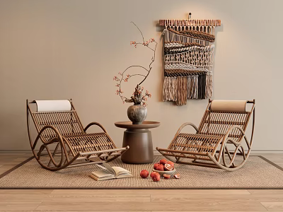 Rattan Lounge Chairs In Cozy Interior With Small Table Vase Woven Hanging Wooden Floor Rug 3d model