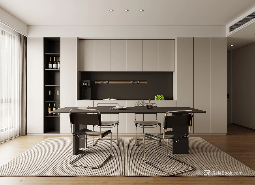 Modern Restaurant Interior With Open Layout Dining Table Chairs And Wine Storage 3d model