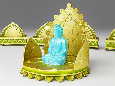 Blue Buddha Sculpture With Golden Lotus Base And Intricate Decorative Carvings 3d model