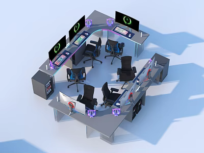 Circular Command Center Console With Multiple Monitors Office Chairs And Technical Equipment 3d model